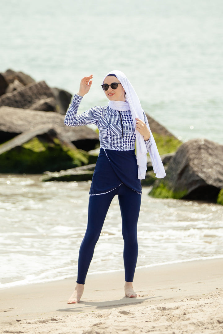 Modest swimwear featuring a stylish Blue Houndstooth Print 3 Piece Swimsuit