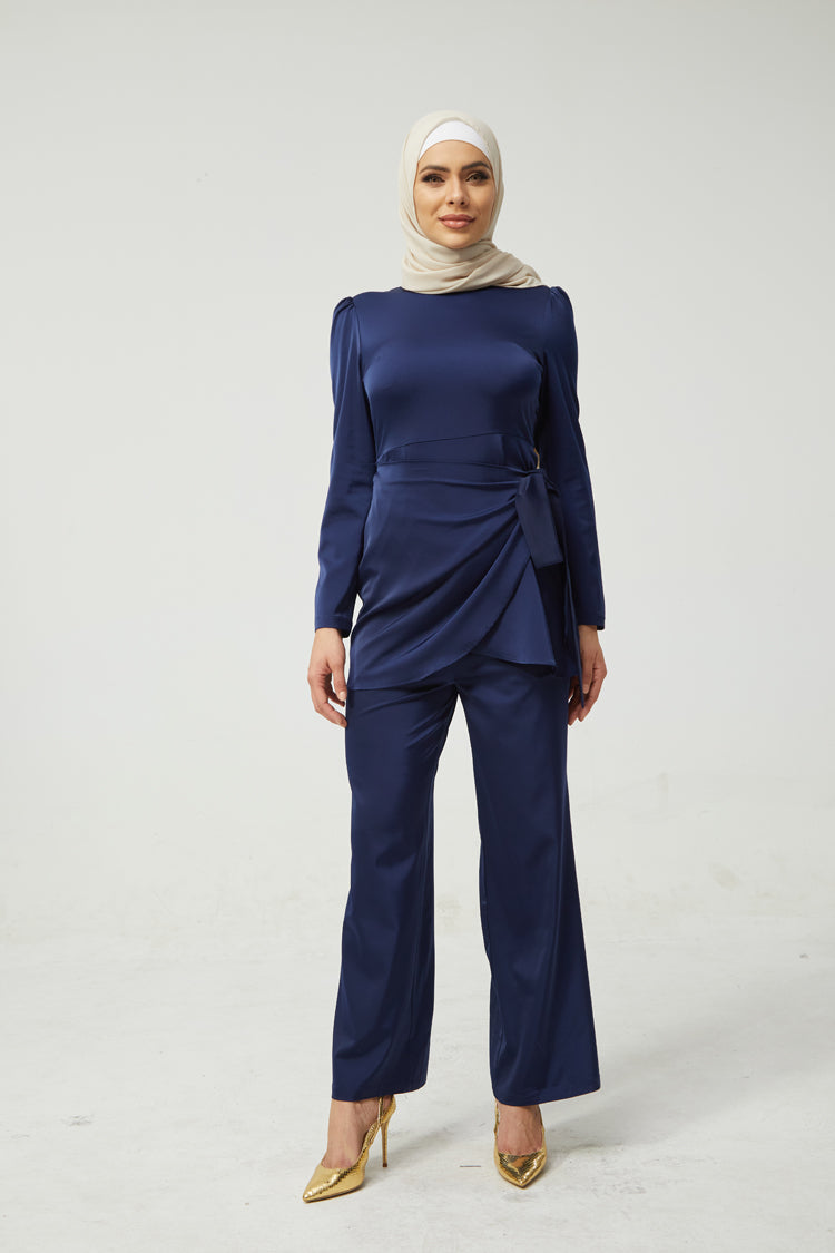 Blue Satin Side Wrap Tunic & Pant Set