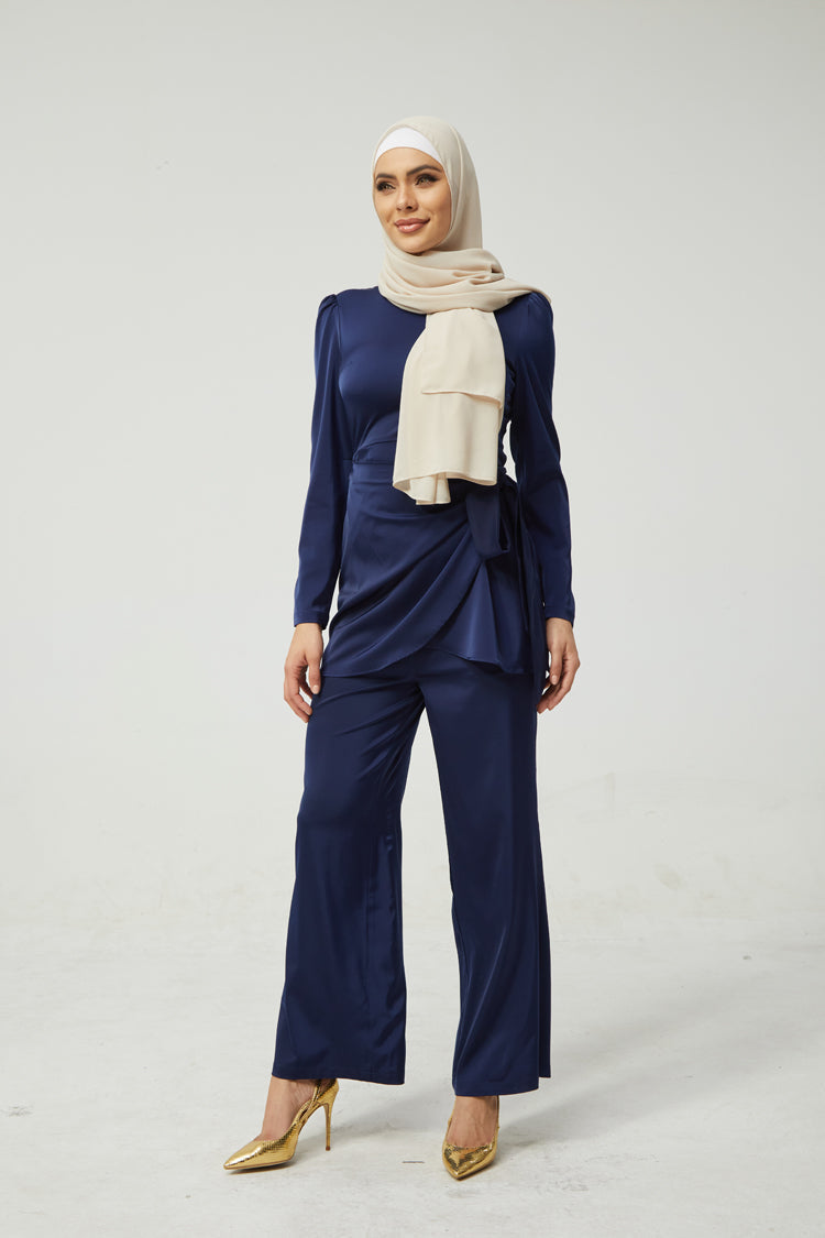 Blue Satin Side Wrap Tunic & Pant Set-CLEARANCE