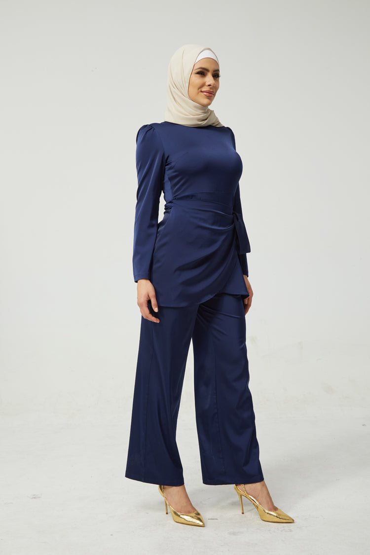 Blue Satin Side Wrap Tunic & Pant Set