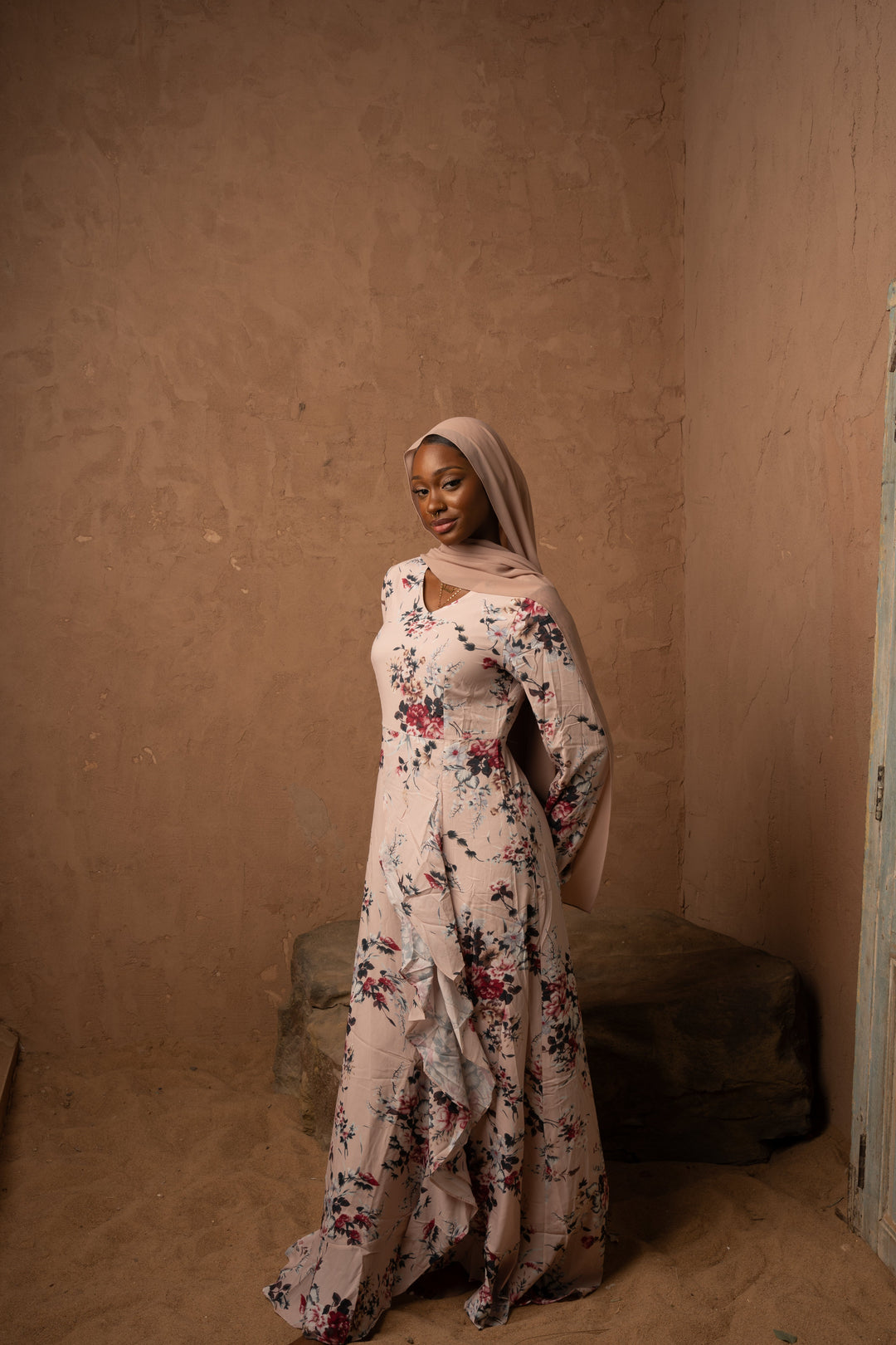 Floral print maxi dress with hijab featuring blush pink ruffle and sleeves on clearance