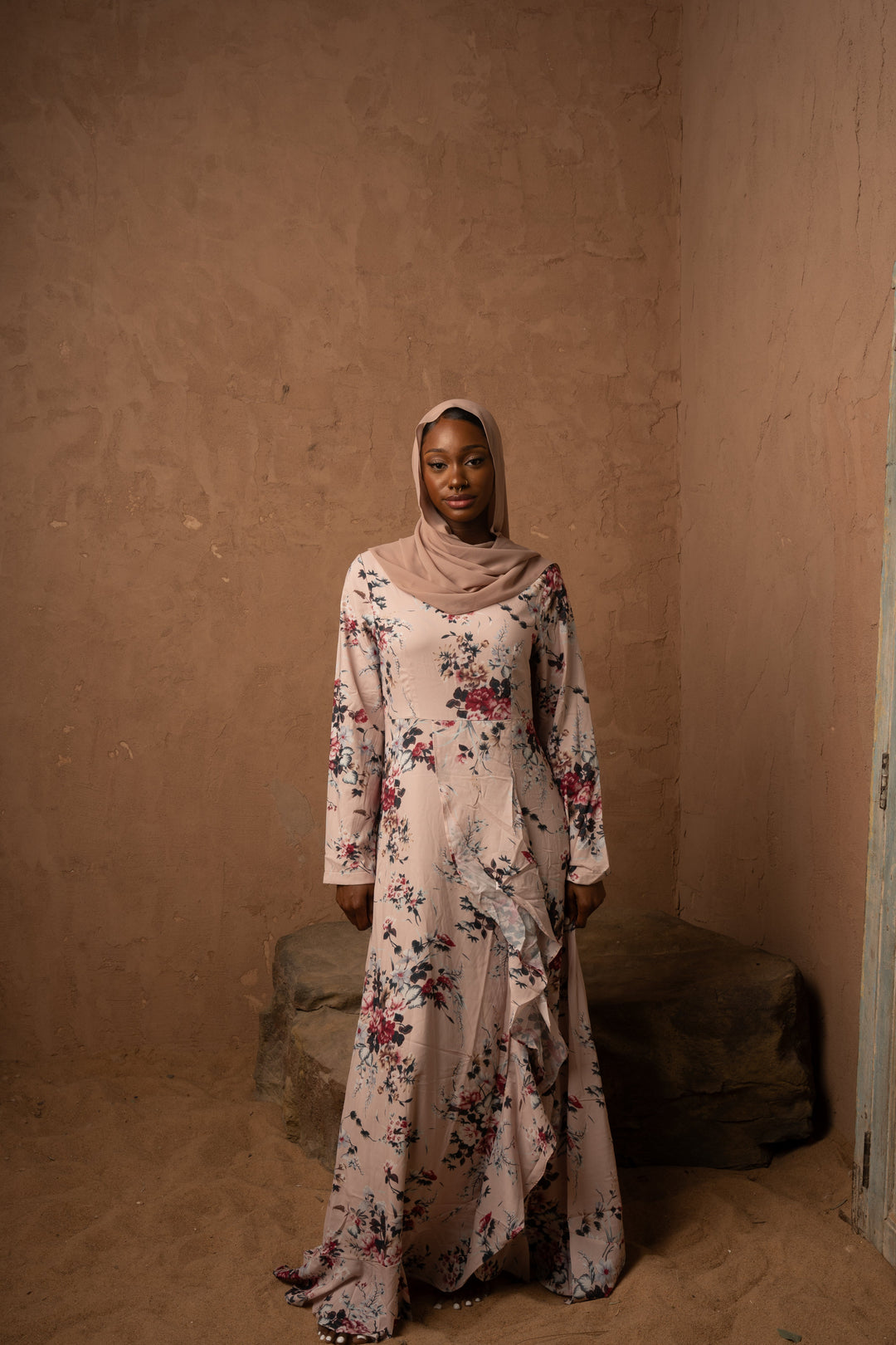 Floral-patterned Blush Pink Ruffle Maxi Dress with Sleeves and matching hijab