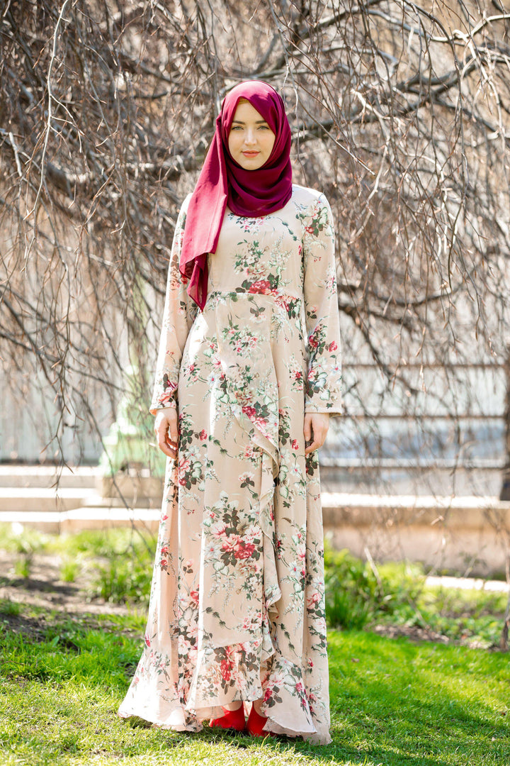 Floral print modest dress and hijab featuring blush pink ruffle design and sleeves