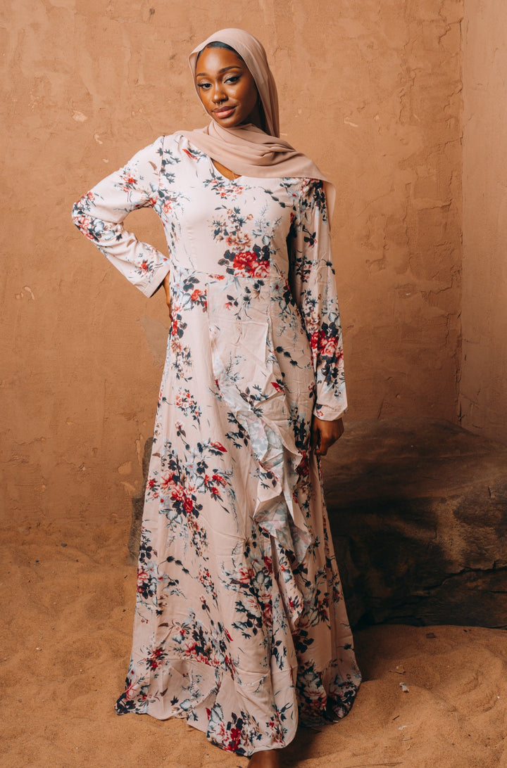 Floral maxi dress with hijab in Blush Pink Ruffle design on clearance sale