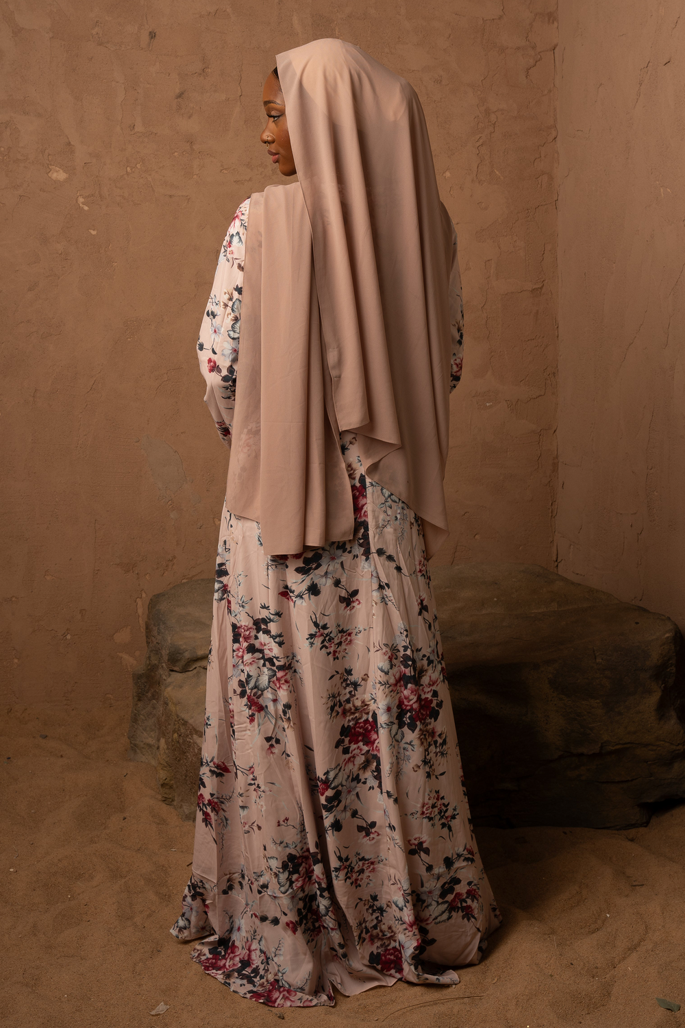 Floral maxi dress with hijab in blush pink ruffle design on clearance sale