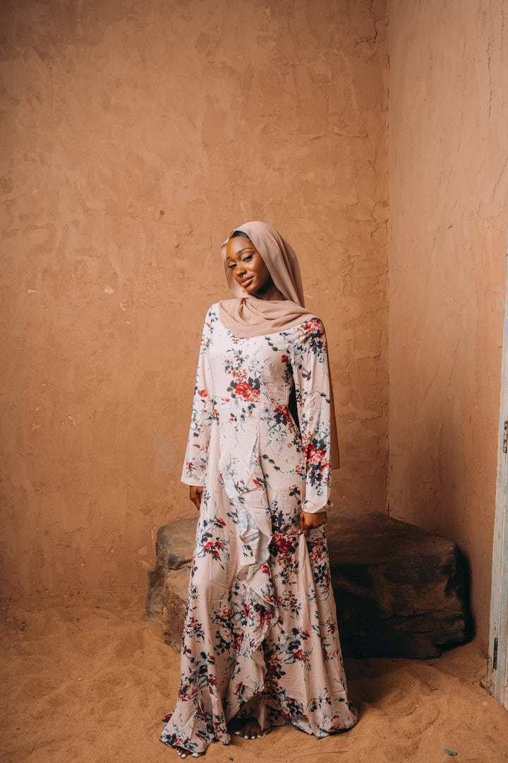 Floral long-sleeved Blush Pink Ruffle Maxi Dress with hijab for stylish women