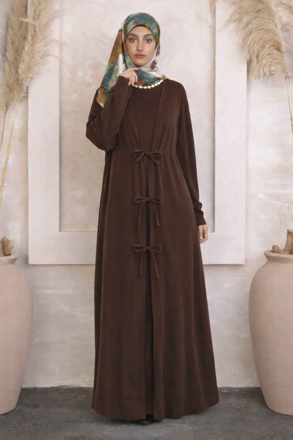 Bow Tie Sweater Dress Cardigan Set - Brown