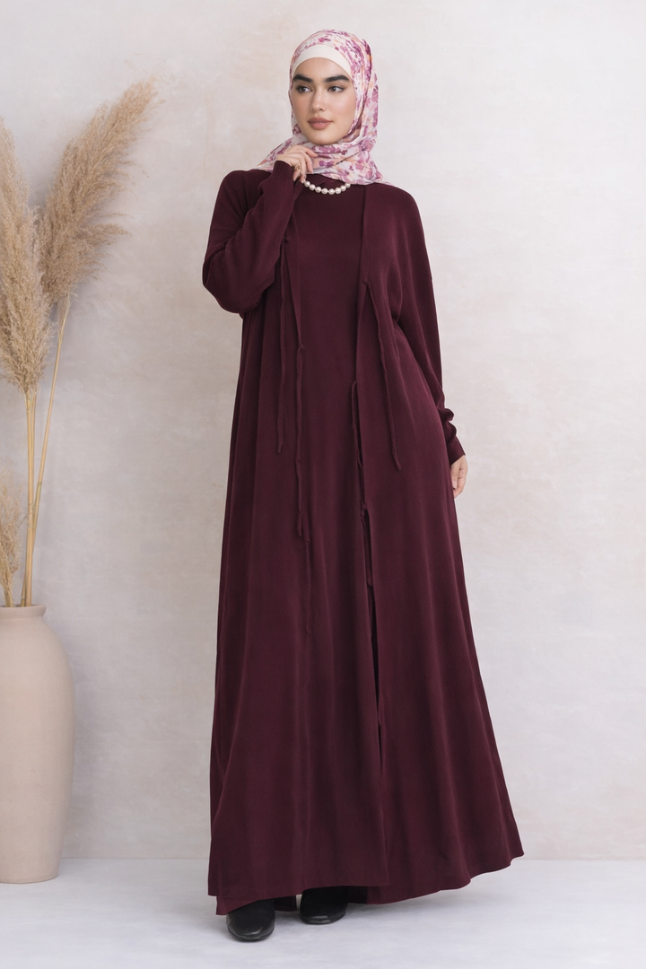 Bow Tie Sweater Dress Cardigan Set - Burgundy