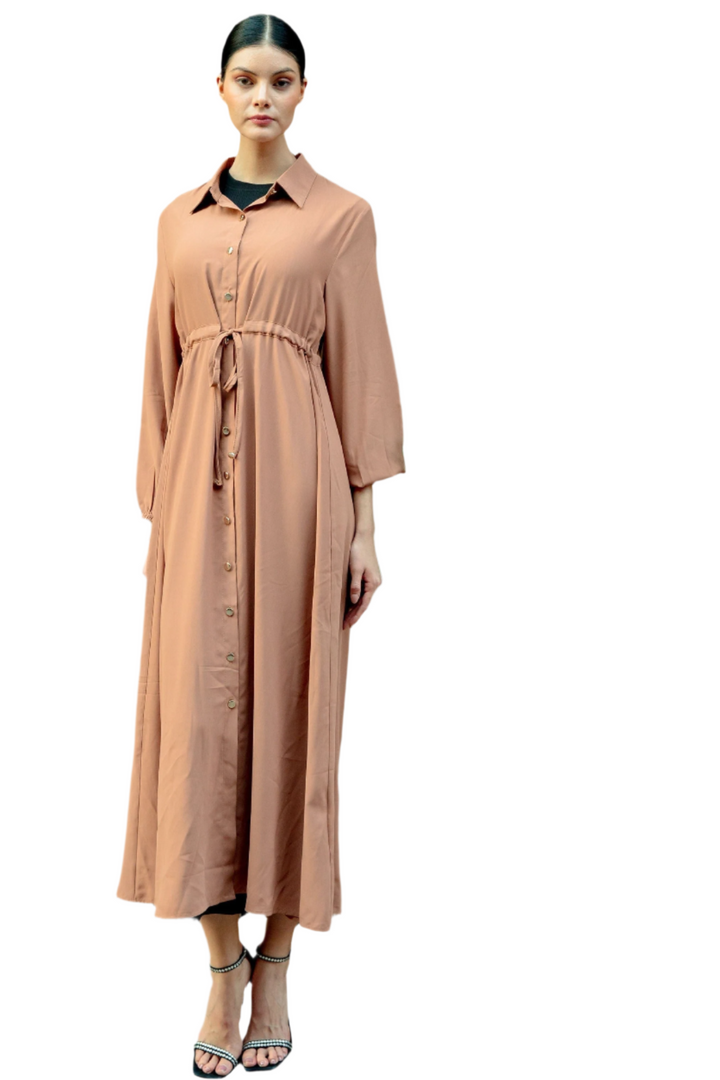 Long-sleeved brown button down drawstring maxi cardigan with buttons past the waist