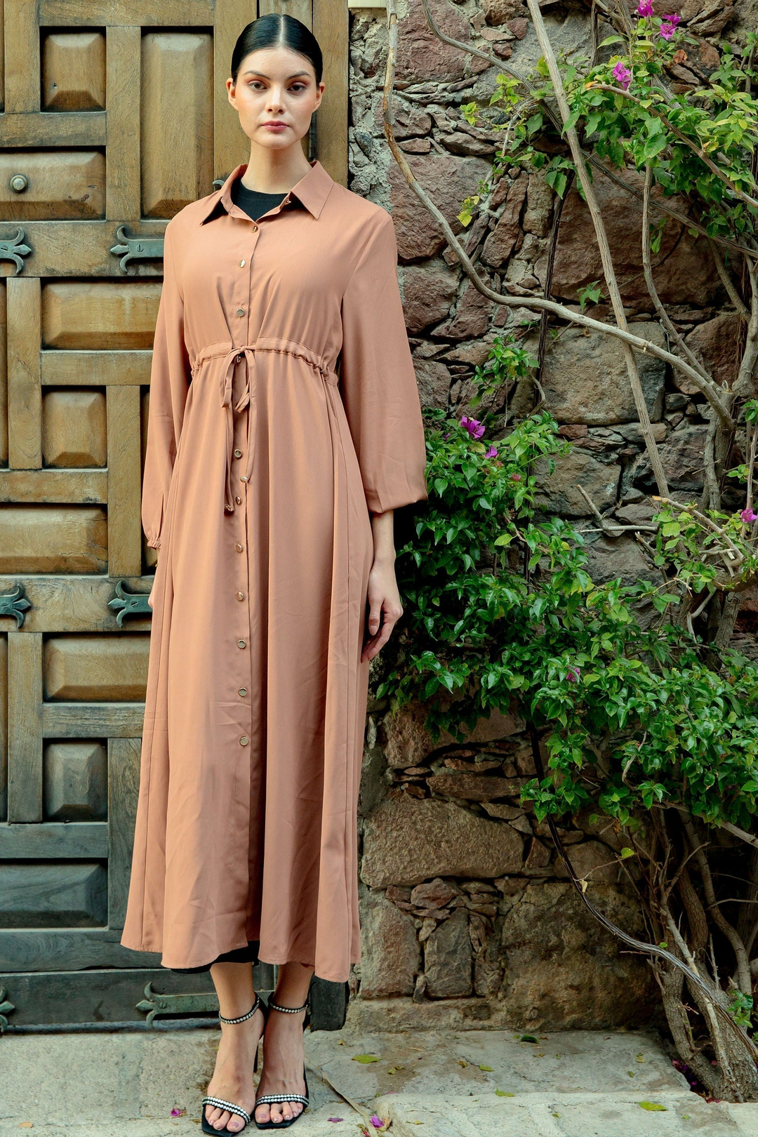 Brown Button Down Drawstring Maxi Cardigan with long sleeves and tie waist detail