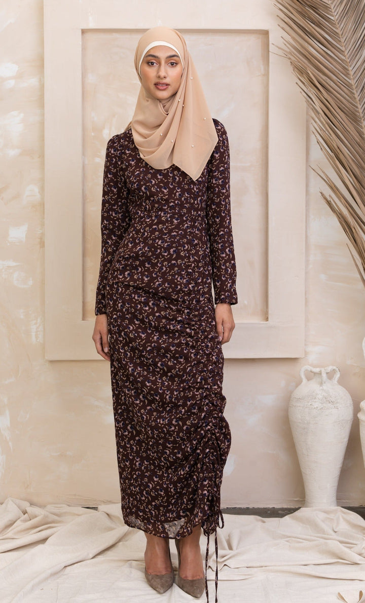 Brown Floral Ruched Maxi Dress with adjustable ruching and matching hijab, fully lined