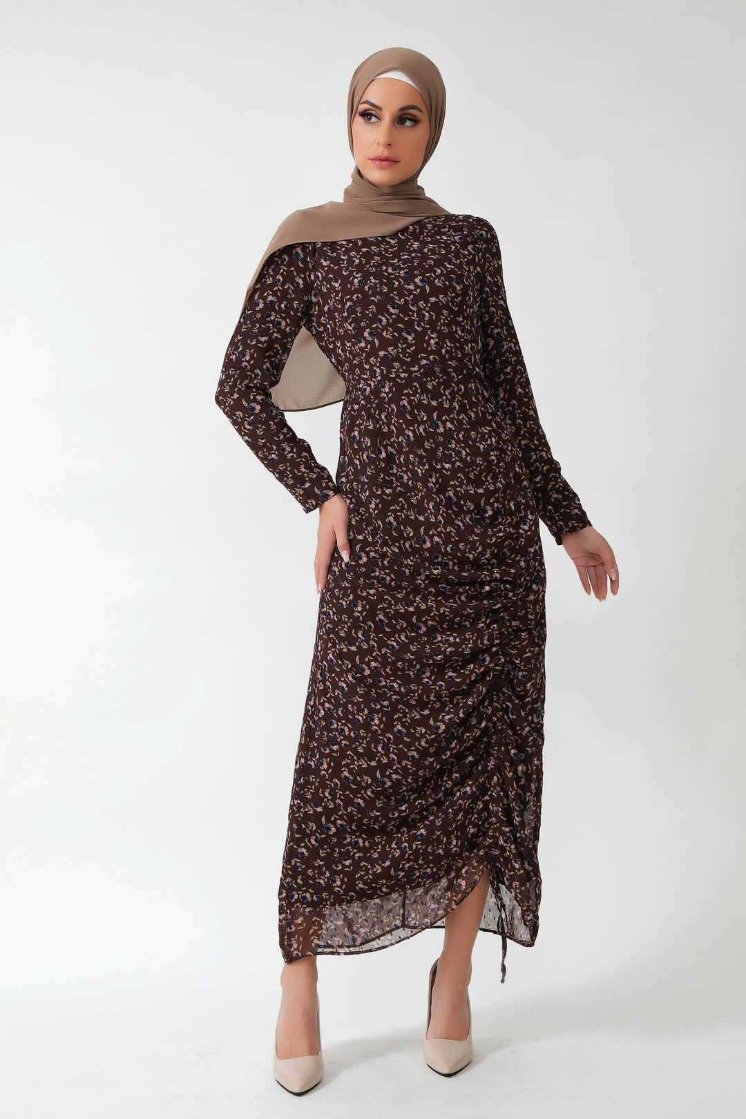 Modest Brown Floral Ruched Maxi Dress with adjustable ruching and hijab. Fully lined