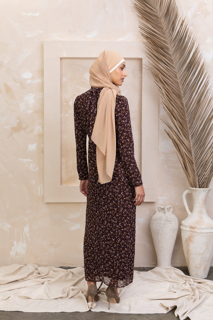 Brown Floral Ruched Maxi Dress with adjustable ruching and hijab, fully lined for comfort