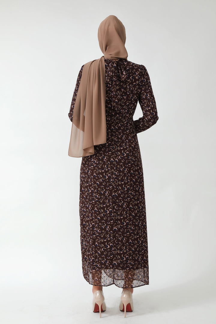 Brown floral ruched maxi dress with adjustable ruching and hijab, fully lined design