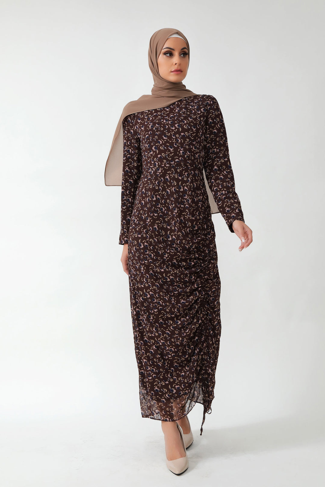 Brown Floral Ruched Maxi Dress with hijab, featuring adjustable ruching and fully lined design