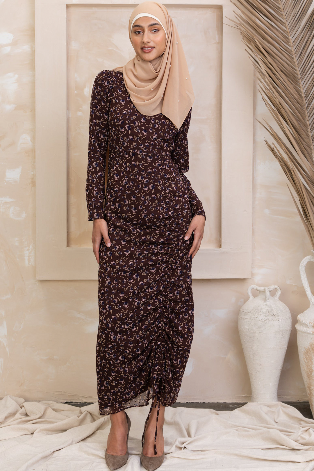 Brown Floral Ruched Maxi Dress with long sleeves and matching hijab in floral print