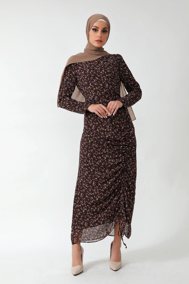 Floral print modest dress with hijab, showcasing a Brown Floral Ruched Maxi Dress design