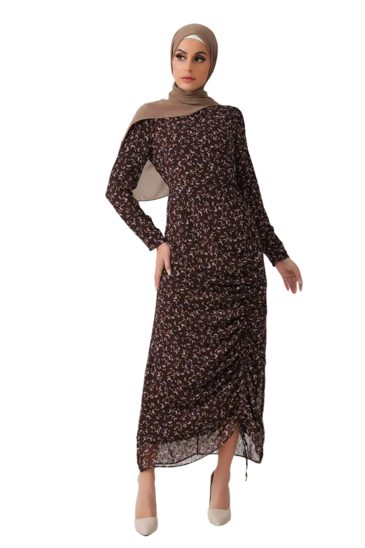 Brown Floral Ruched Maxi Dress with Hijab featuring adjustable ruching and fully lined design