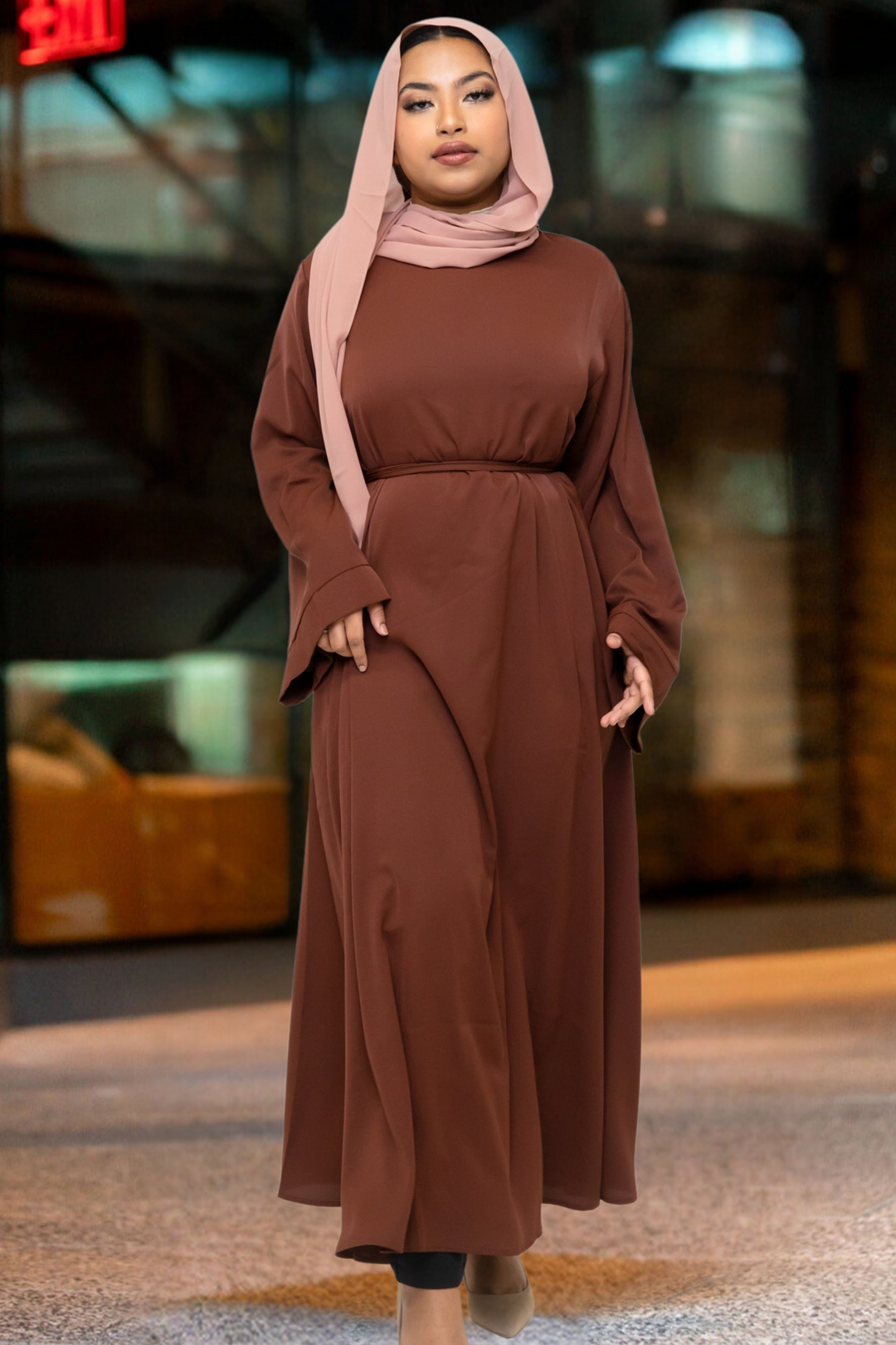 Brown Kimono Sleeve Abaya Maxi Dress with Fabric Tie Belt and Hijab for modest fashion