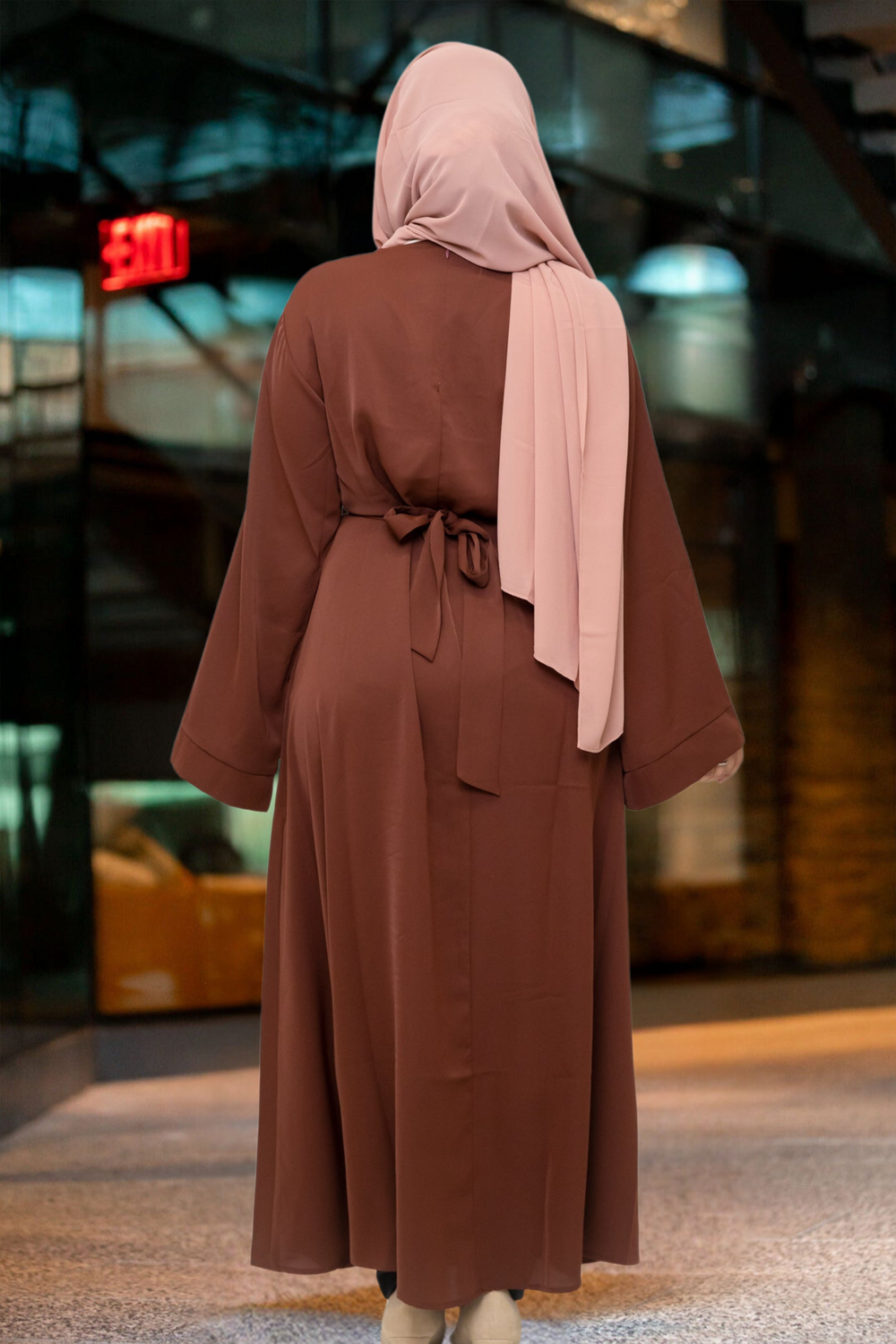 Brown Kimono Sleeve Abaya Maxi Dress with light pink hijab and fabric tie belt