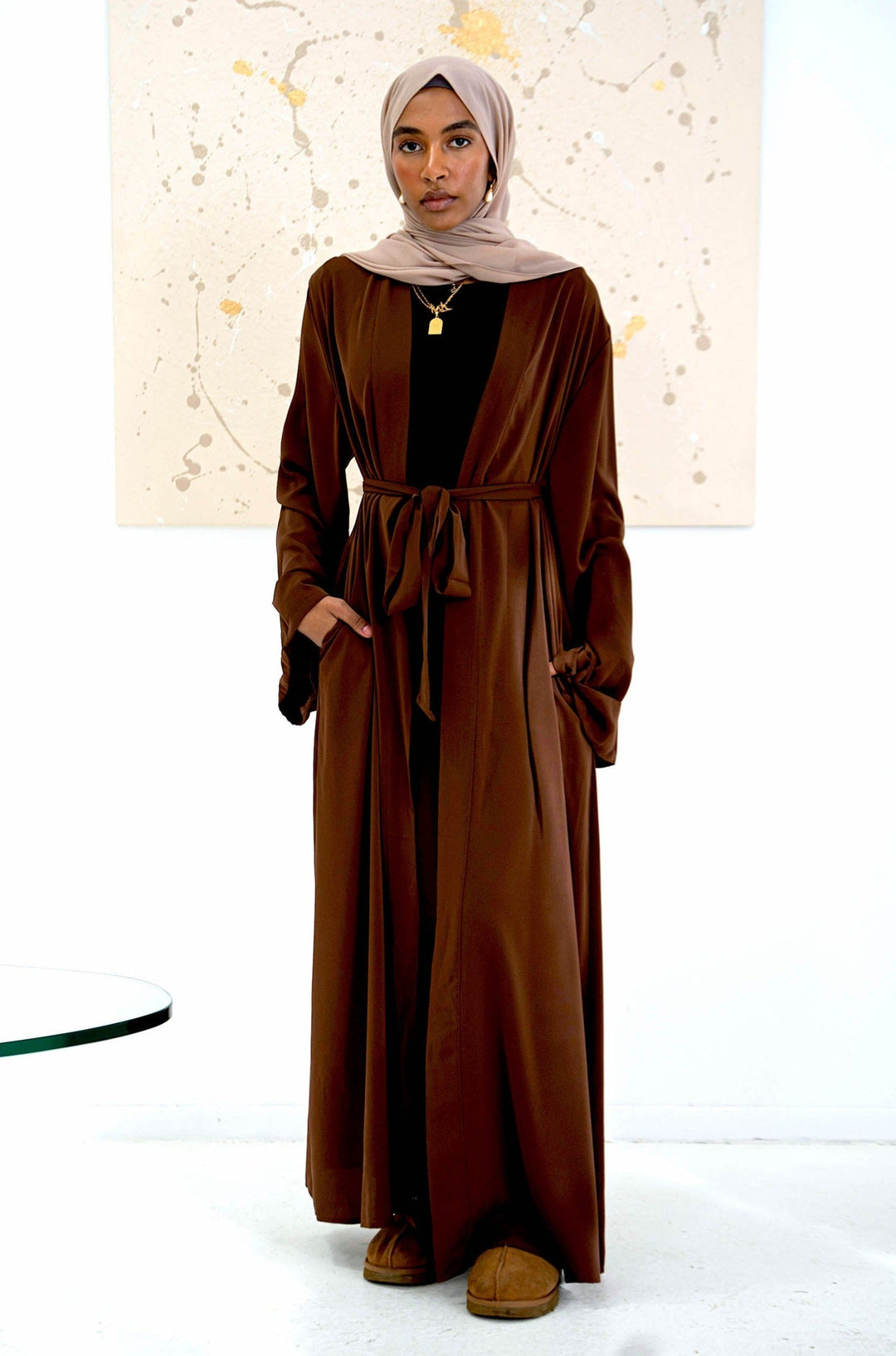 Brown Nida Kimono Sleeve Open Abaya-CLEARANCE