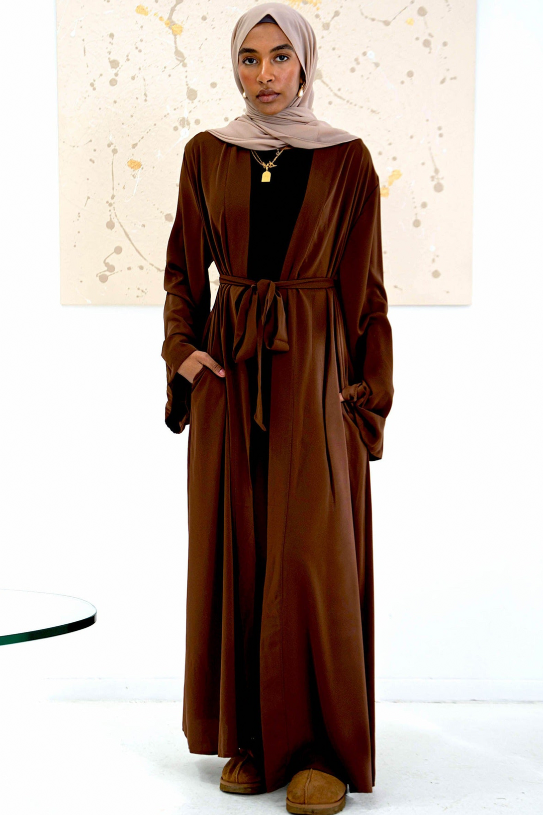 Brown Nida Kimono Sleeve Open Abaya-CLEARANCE