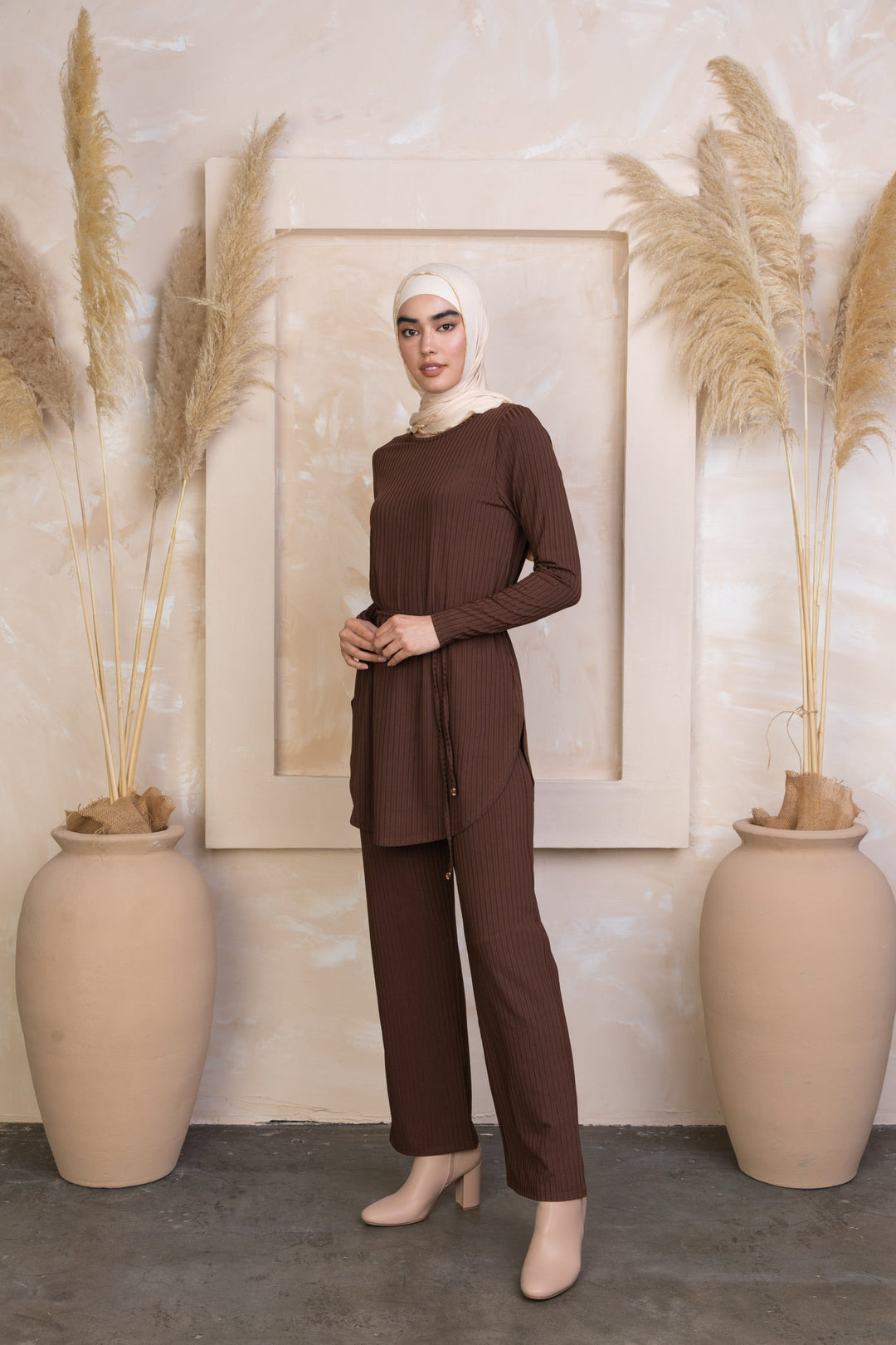 Brown Ribbed Tunic & Pants Set