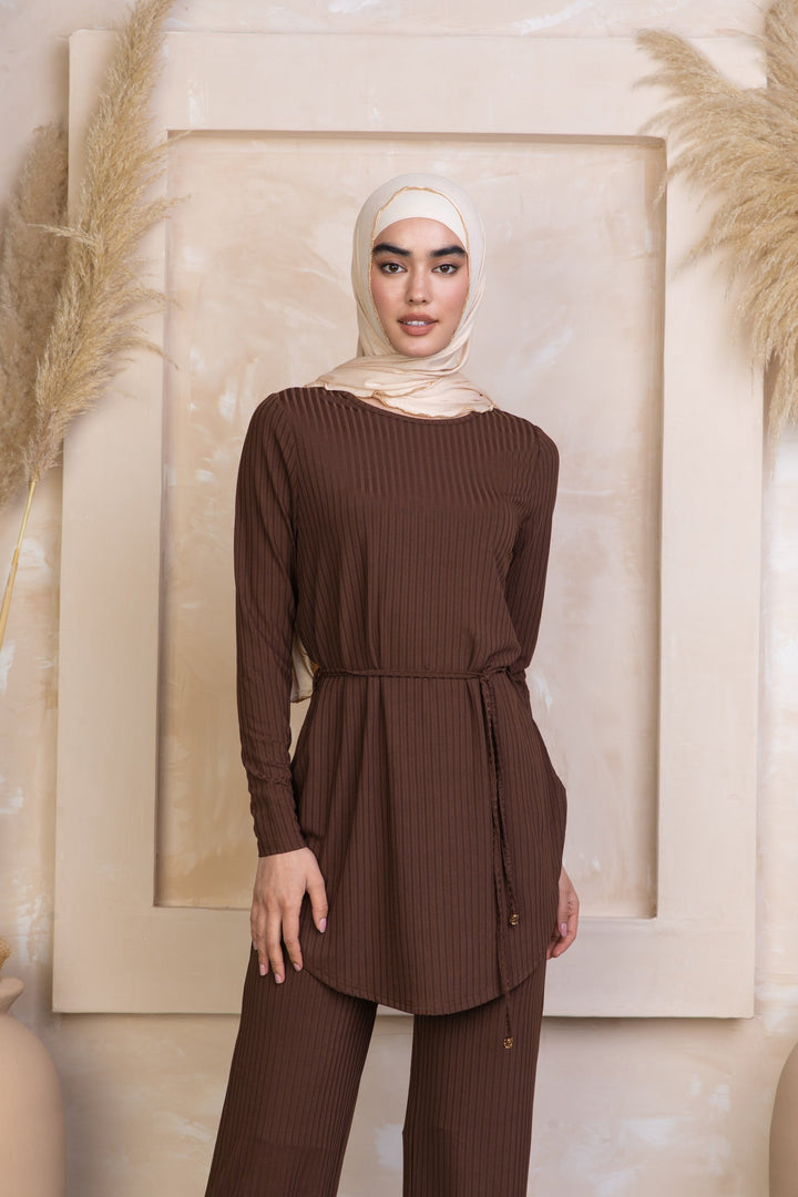 Brown Ribbed Tunic & Pants Set