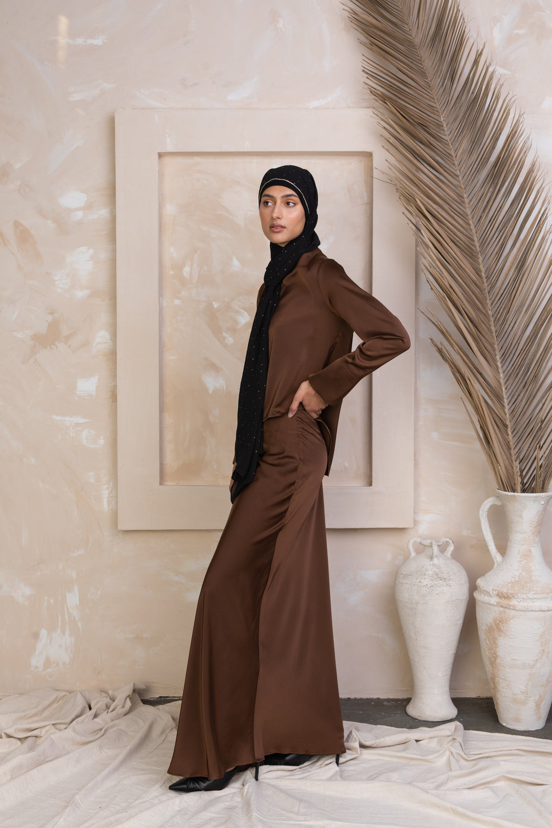 Brown Satin Long Sleeve Shirt and Skirt Set-PREORDER