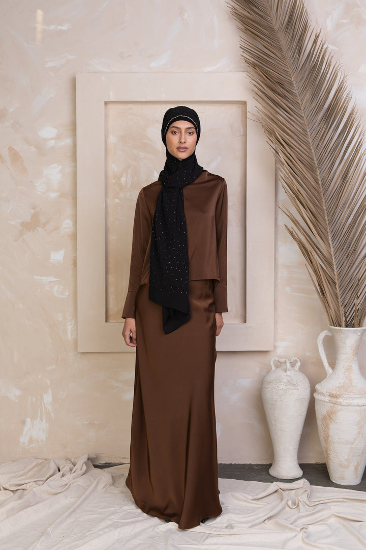 Brown Satin Long Sleeve Shirt and Skirt Set-PREORDER