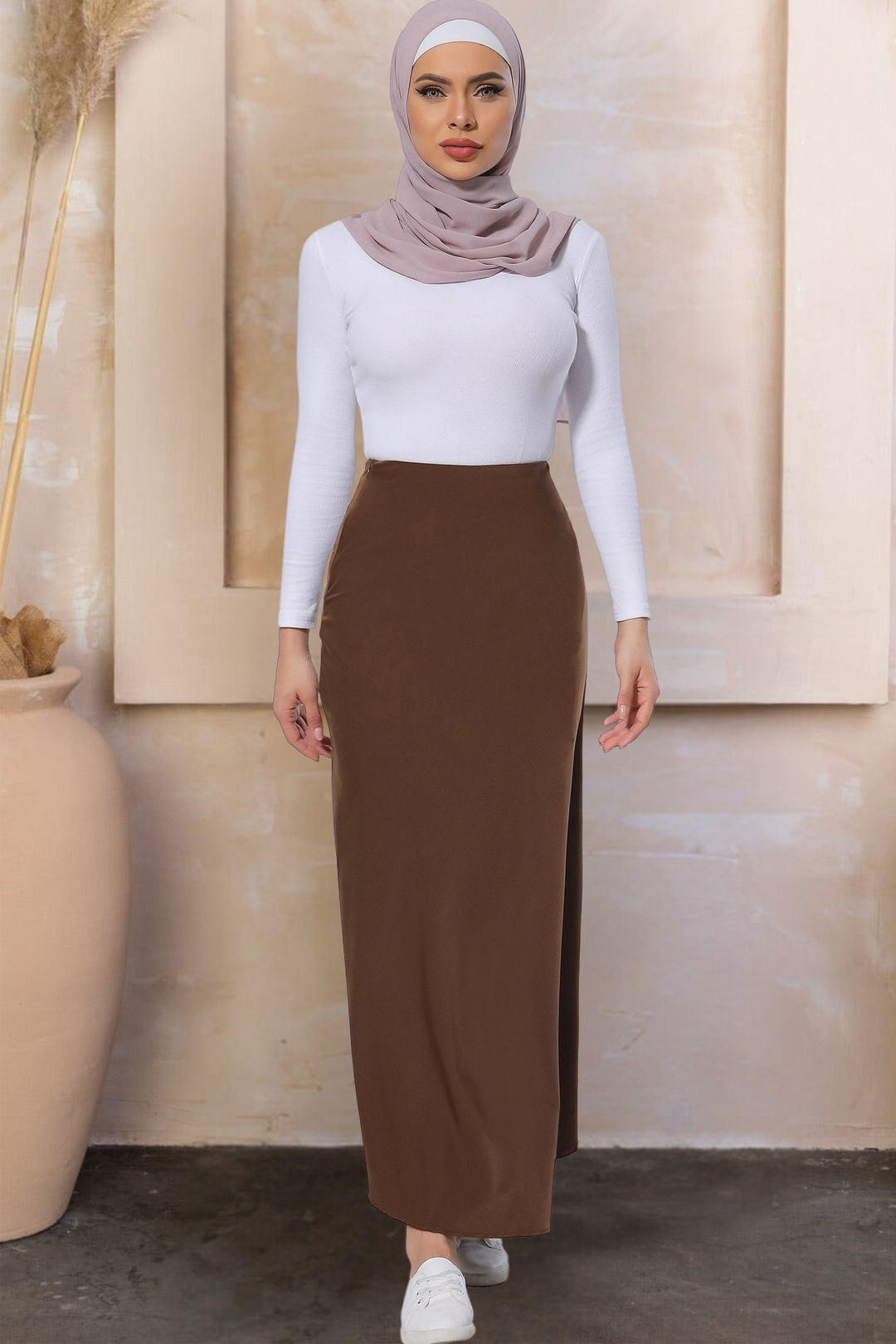 Woman in hijab and long-sleeved shirt wearing Brown Satin Maxi Skirt