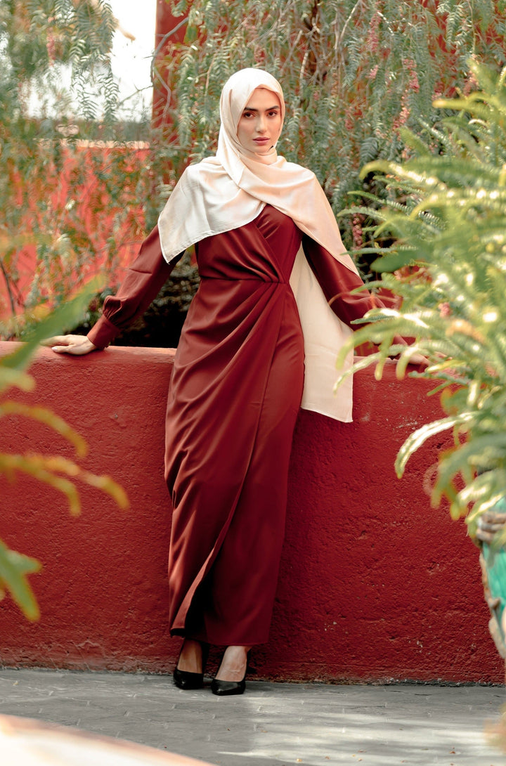 Burgundy dress with cream hijab showcasing a stylish Brown Wrap Maxi Dress with criss cross neckline