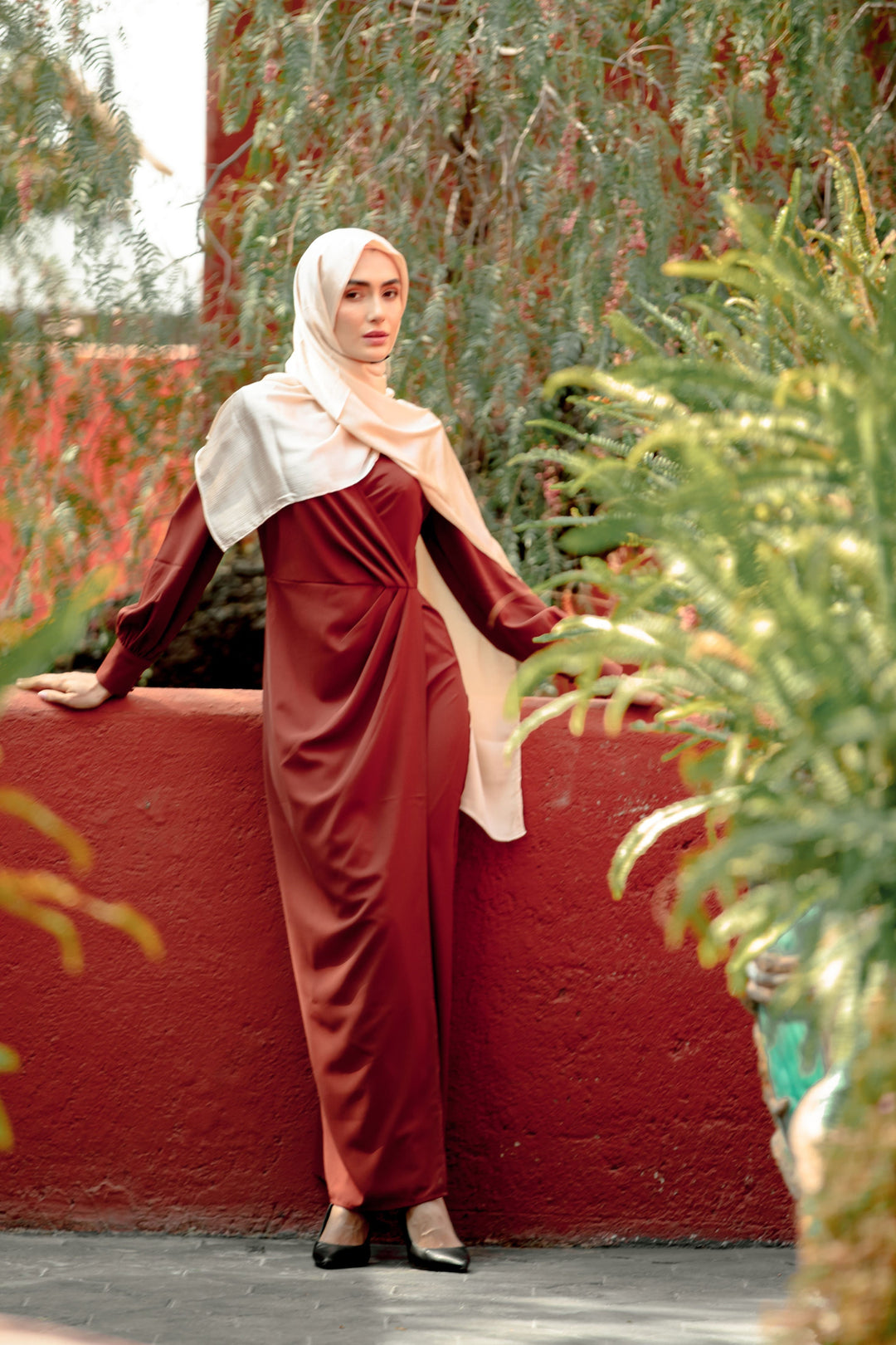 Elegant Brown Wrap Maxi Dress featuring criss cross neckline and wrap skirt with hijab