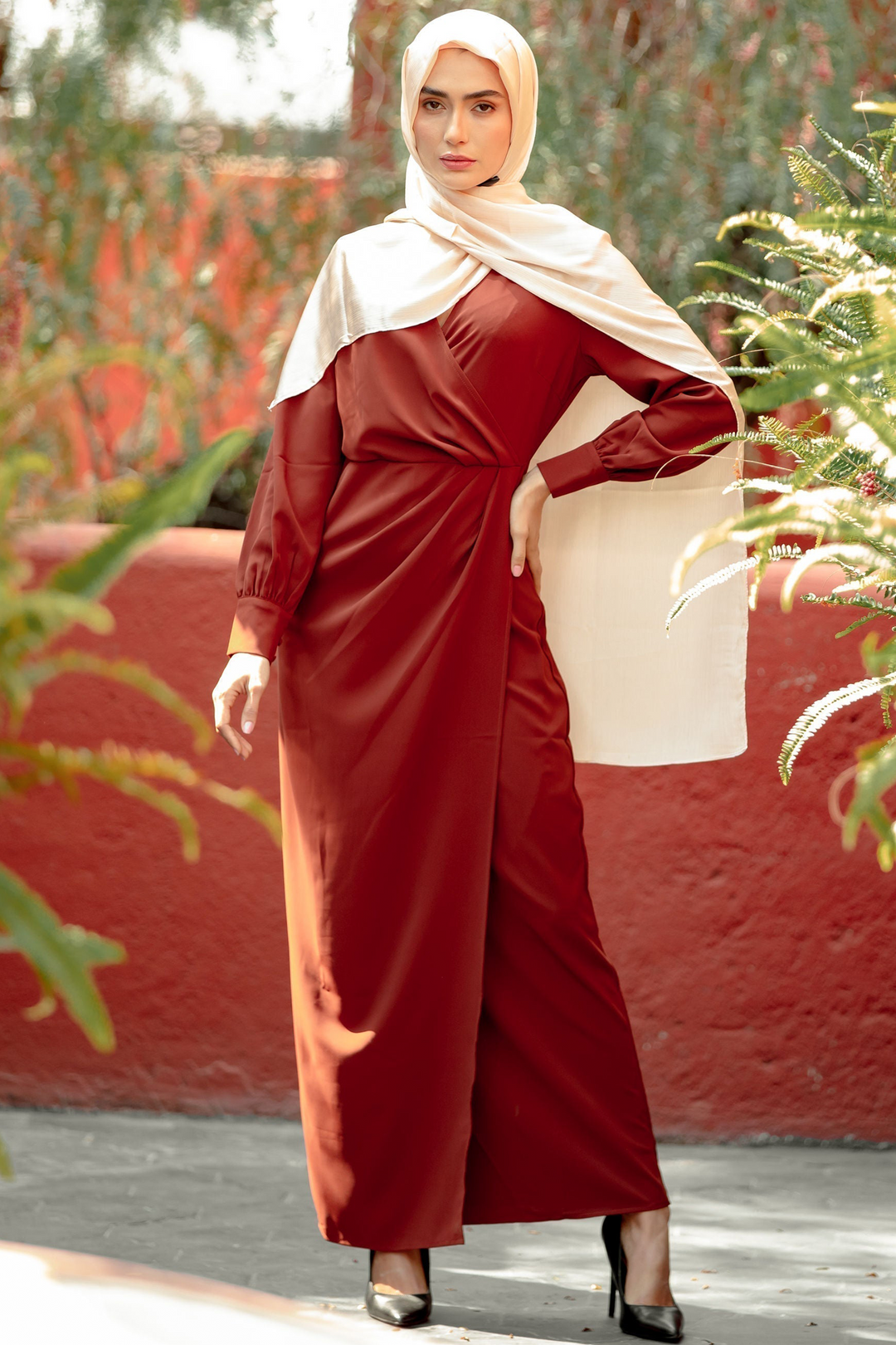 Elegant maroon Brown Wrap Maxi Dress with criss cross neckline and cream hijab