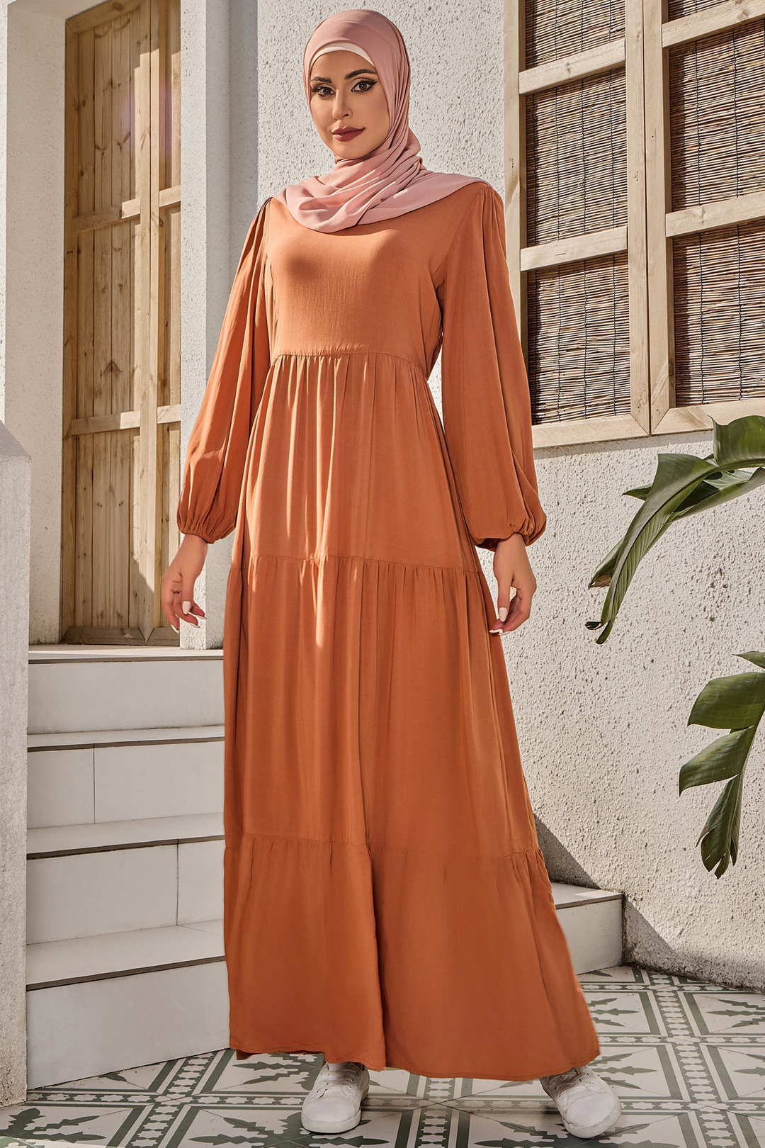 Long-sleeved tiered brown maxi dress with hijab from Burnt Orange collection