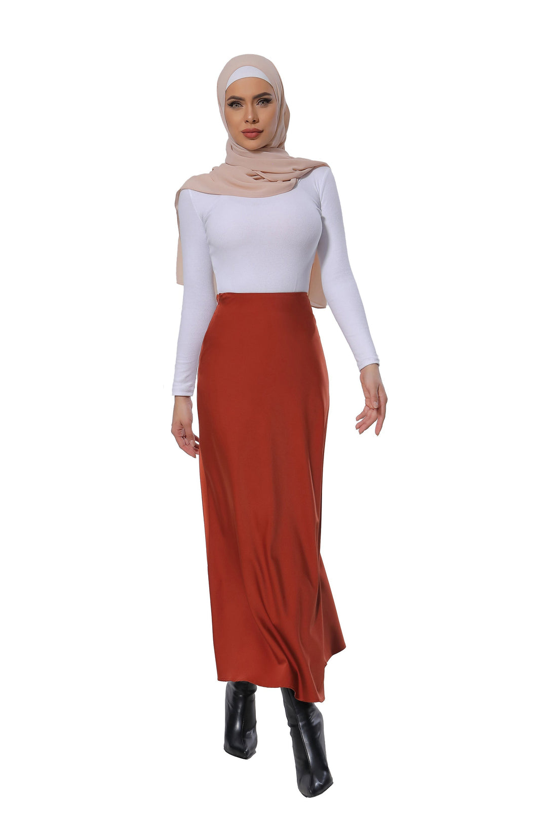 Woman in modest attire wearing a Burnt Orange Satin Skirt and stylish Maxi Dress