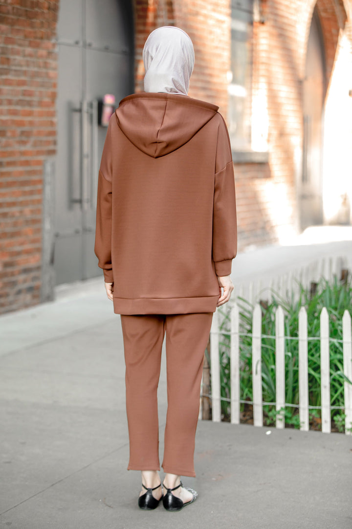 Brown Hooded Tracksuit in Button Down Hoodie Sweatshirt and Pants Set-CLEARANCE