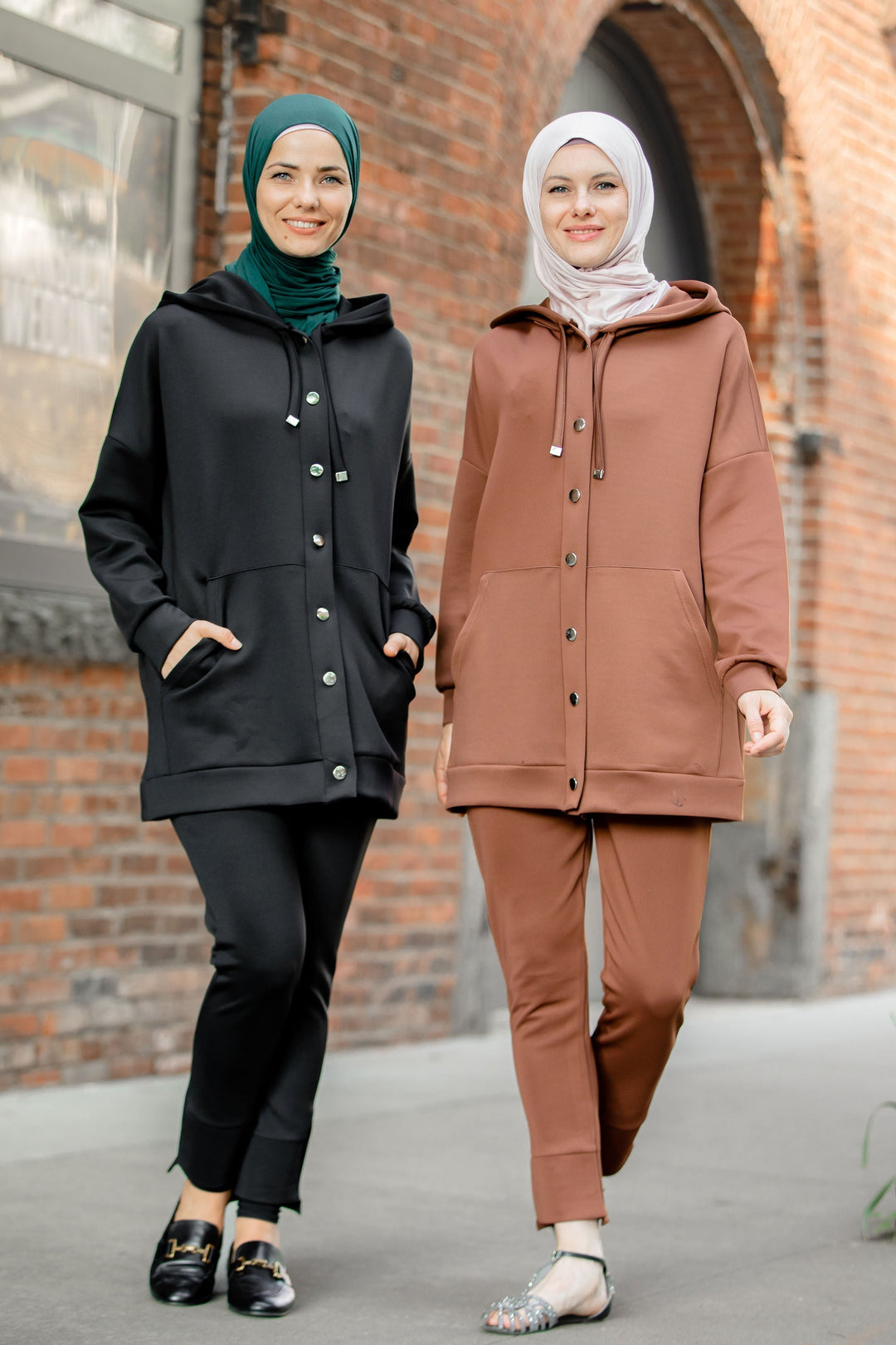 Two women in matching Button Down Hoodie Sweatshirt and Pants Set on clearance