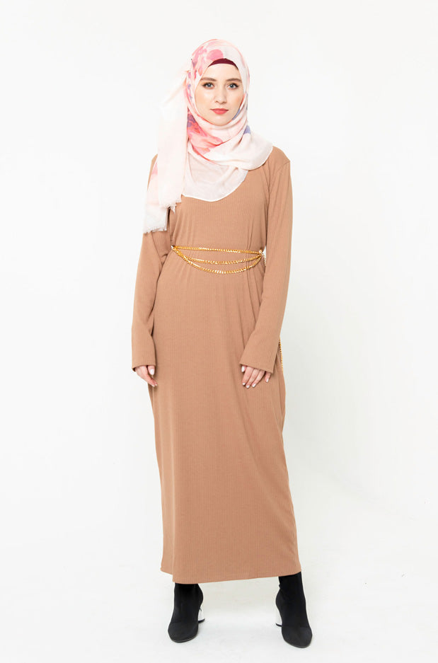 Tan ribbed long sleeve maxi dress with hijab in premium jersey fabric for modest fashion