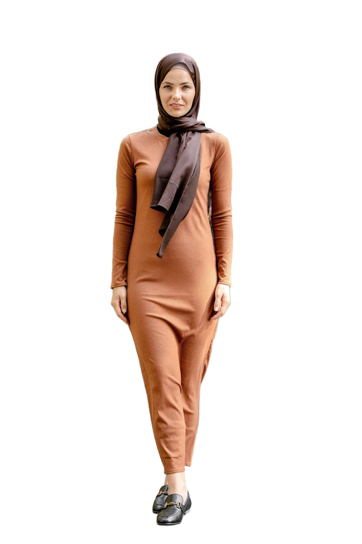 Woman in brown modest hijab wearing Camel Ribbed Long Sleeve Maxi Dress in premium jersey