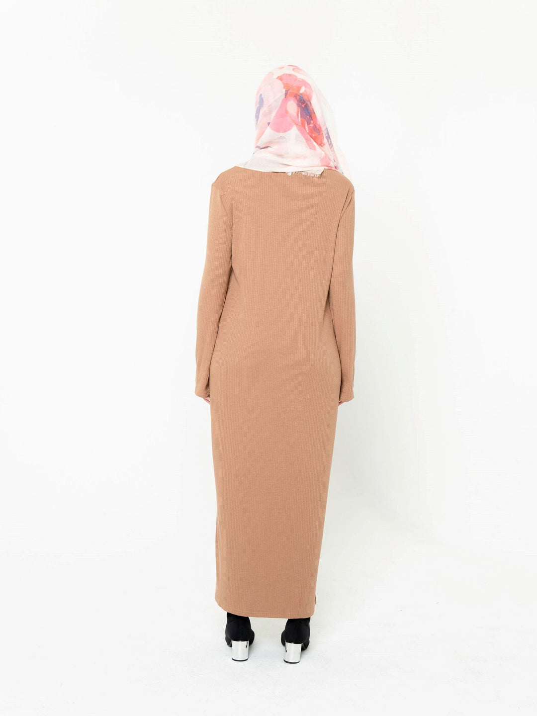 Tan ribbed long sleeve maxi dress styled with a floral hijab for a chic look