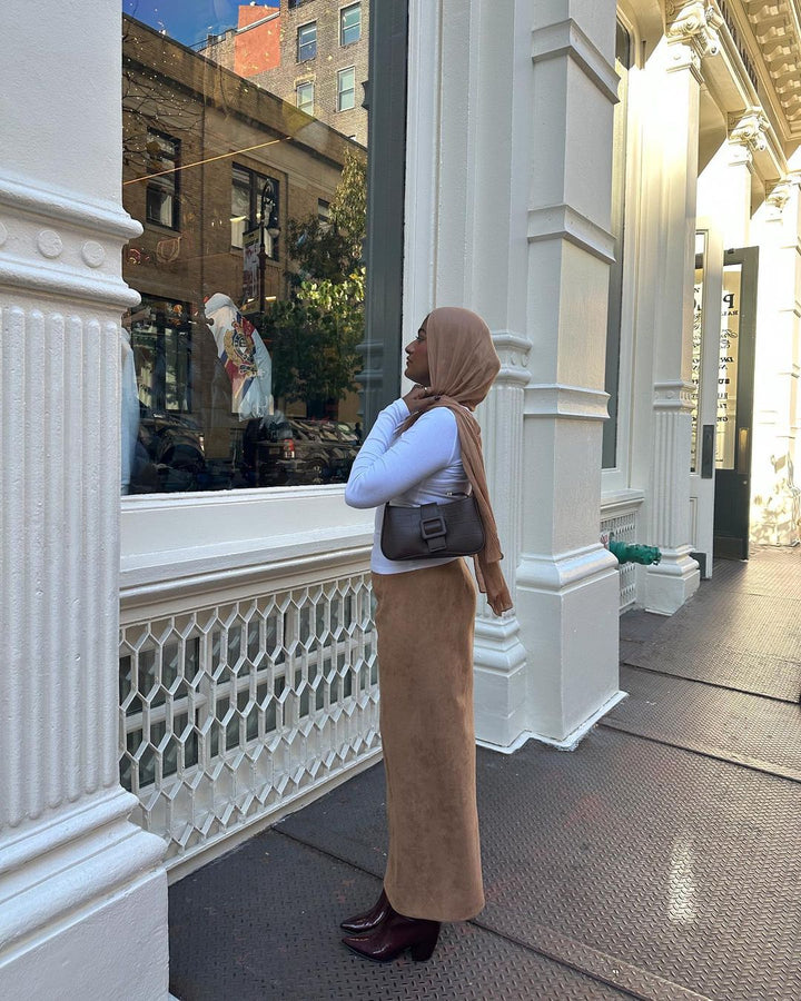 Camel Suede Pencil Maxi Skirt