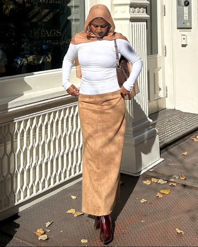 Camel Suede Pencil Maxi Skirt