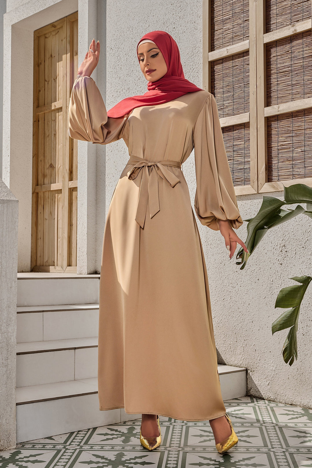 Champagne Half Turtleneck Satin Maxi Dress-CLEARANCE