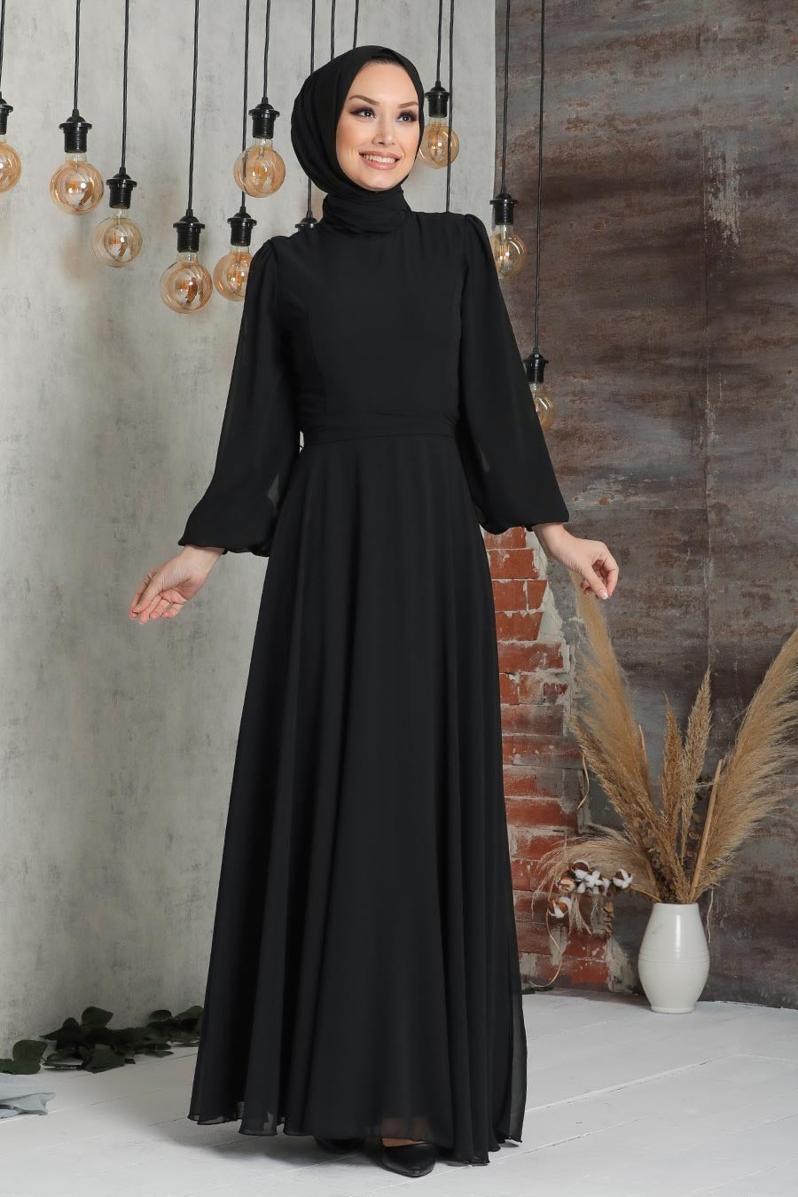 Elegant black modest chiffon long sleeve gown with belt included for versatile styling