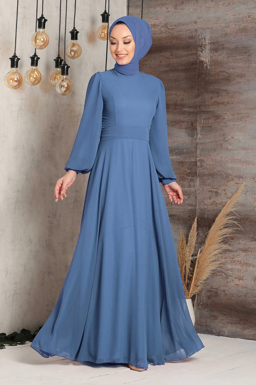 Blue modest maxi dress with chiffon long sleeve and belt included for elegant styling