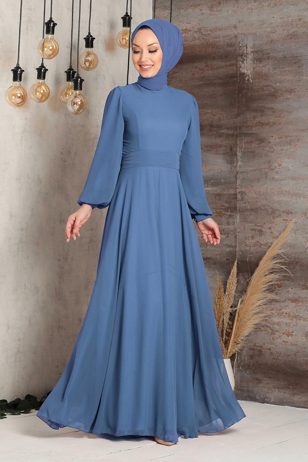 Blue modest chiffon long sleeve gown with hijab and included chiffon belt