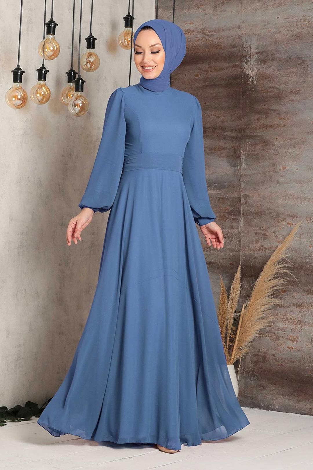 Blue modest chiffon long sleeve gown with hijab and included chiffon belt