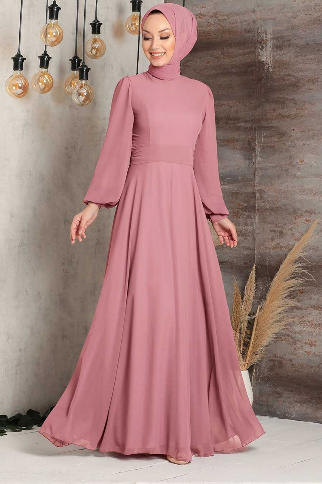 Dusty rose modest maxi dress with chiffon long sleeve and belt included