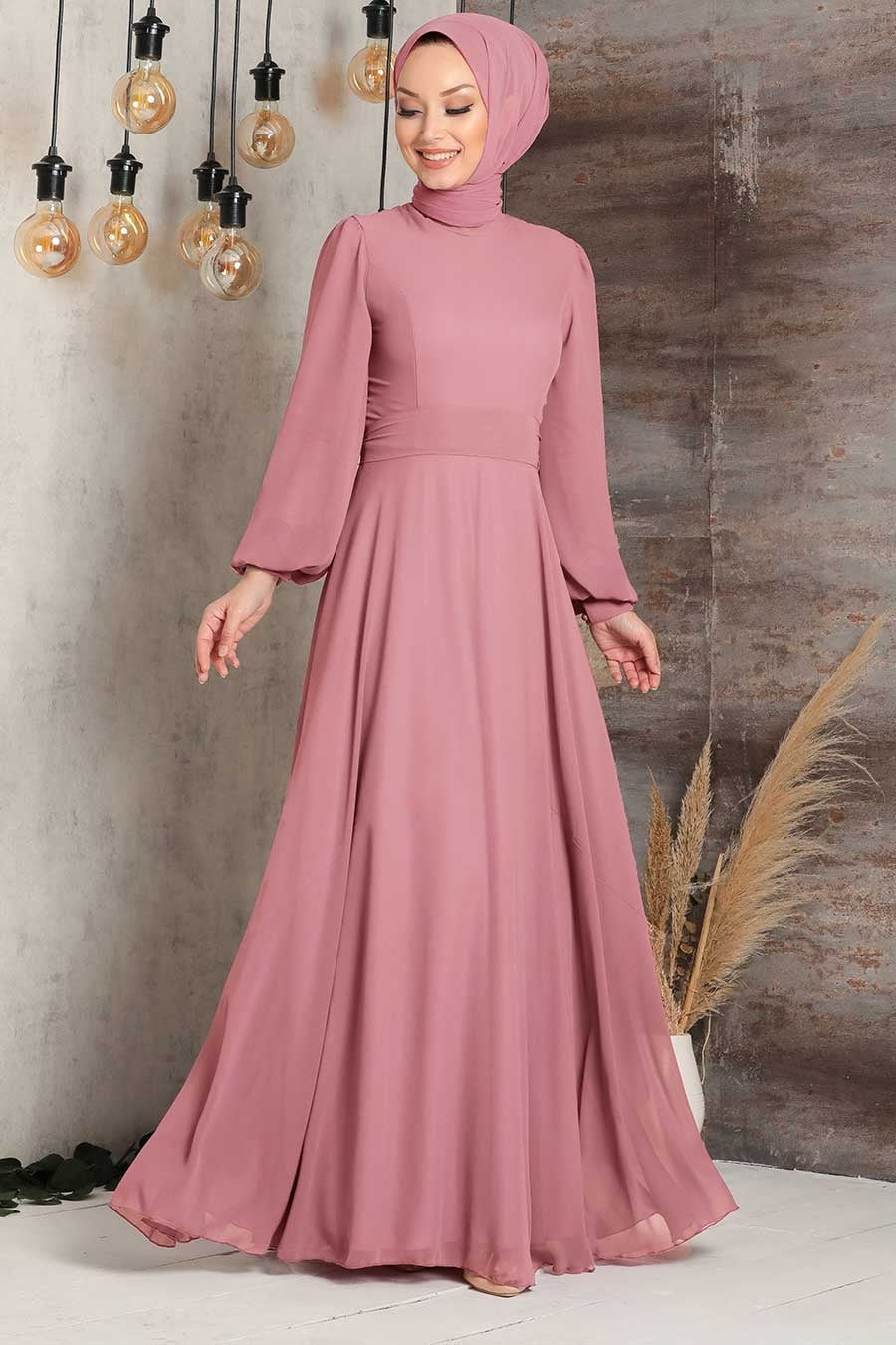 Dusty rose modest maxi dress featuring chiffon long sleeves and belt included